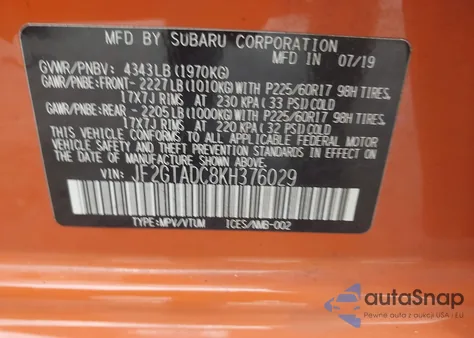 2019 Subaru Crosstrek 2.0I Premium from USA, damaged, VIN JF2GTADC8KH376029